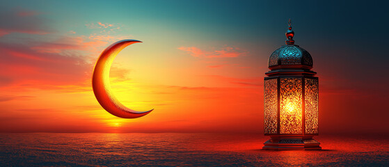 Fototapeta premium Stunning Ramadan scene with glowing crescent moon and ornate Arabic lantern reflecting on calm water at sunset, symbolizing spirituality, tradition, faith, peace, and celebration.