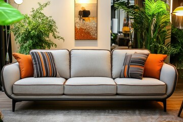 Modern Three Seater Sofa with Orange and Grey Pillows