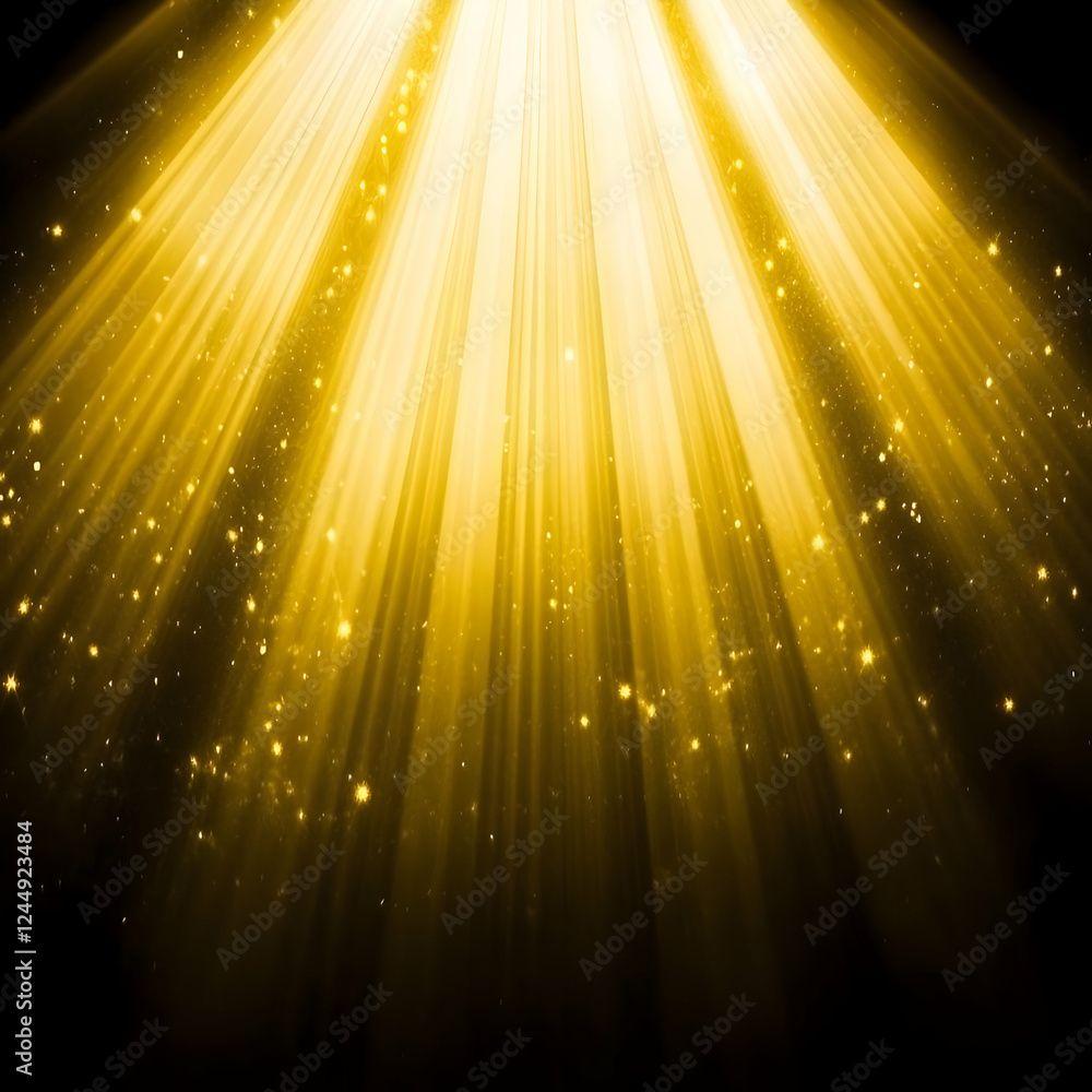 Poster golden light rays shine brightly with sparkling particles on a dark background, creating an abstract