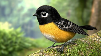 Obraz premium Small Yellow And Black Bird On Mossy Branch