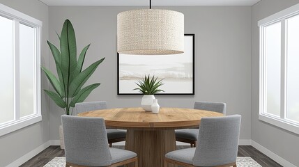 Modern dining room with round wooden table and stylish decor featuring greenery and neutral tones