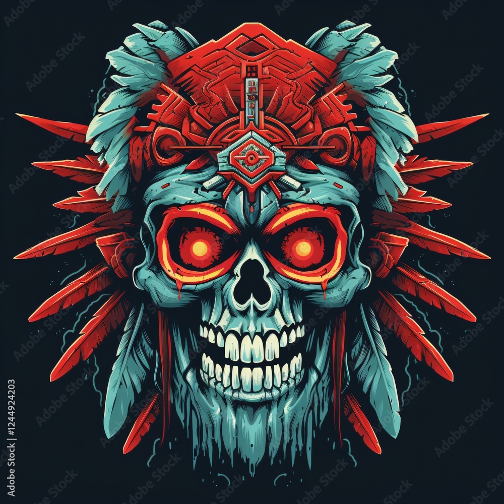 Poster colorful skull design with intricate details and feathers in an artistic representation. generative 