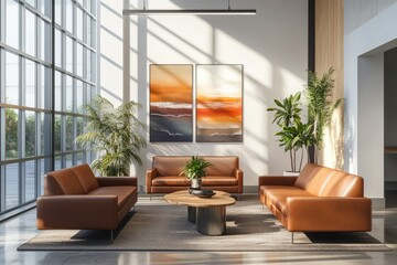 Modern Office Lounge with Leather Sofas and Artwork