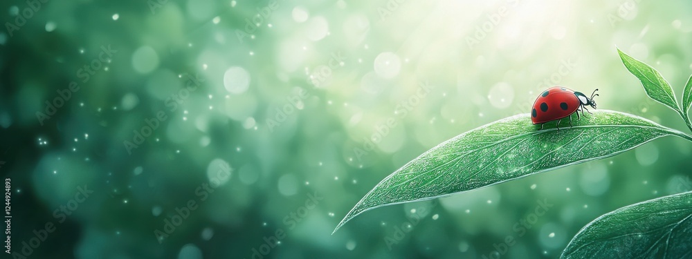 Poster ladybug on leaf with green bokeh background