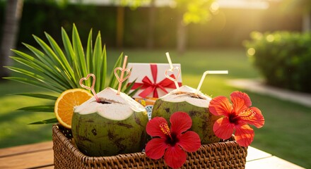 Tropical resort hamper coconut drinks with heart straws, red hibiscus flowers, and a gift