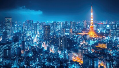 Obraz premium Tokyo Skyline Night View Featuring Iconic Tower