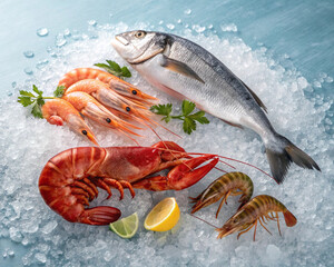 Fresh seafood on ice. Generative AI