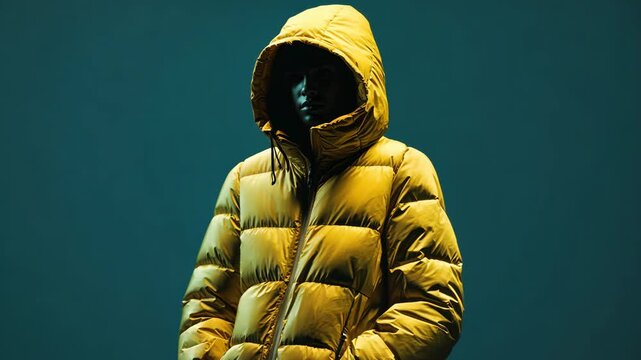 Hooded figure in yellow jacket panning against teal background with dramatic lighting