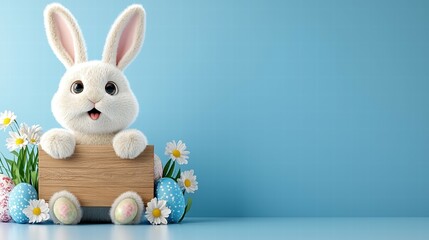 Fototapeta premium Cute fluffy bunny with colorful eggs and flowers on blue background