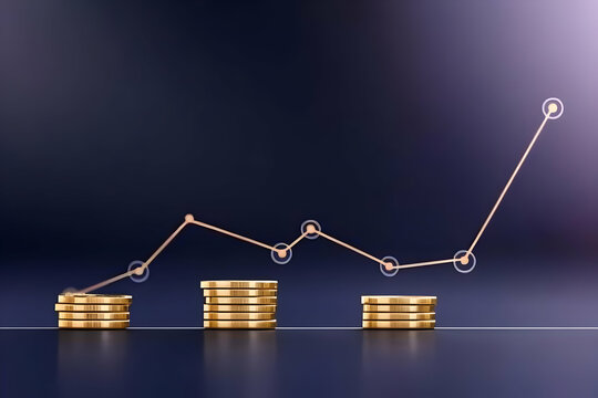 Golden Coin Stacks Rise and Fall, Charting Financial Growth Trends Steadily over Time on a Dark Background.