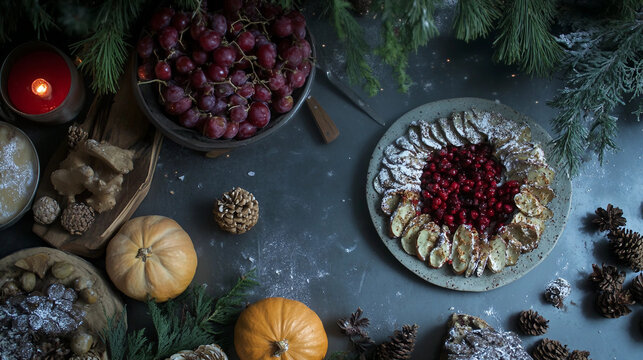 Festive Holiday Food and Decorations Display
