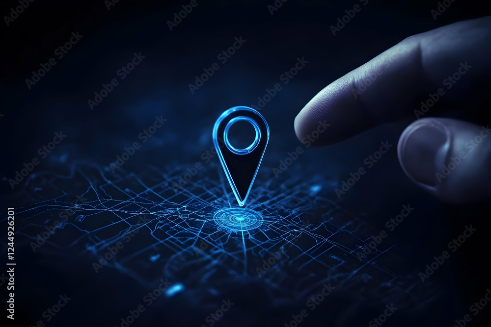 Poster finger points to a glowing location pin on a digital map interface, showcasing advanced navigation.