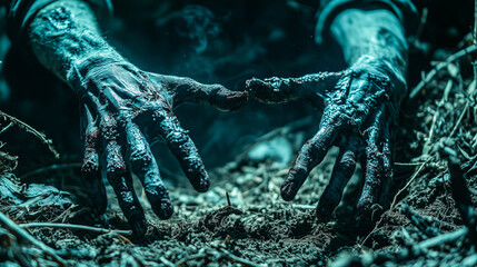 Close-Up of Zombie Hands Rising from the Ground on a Dark Halloween Night.