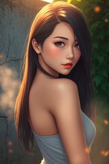 Warm light highlights a woman’s soft smile and curly hair in a dreamy, urban setting.