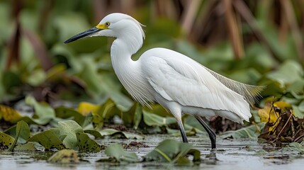 Fototapeta premium Snowy egret stands gracefully among green water lilies in a serene wetland environment during early morning light
