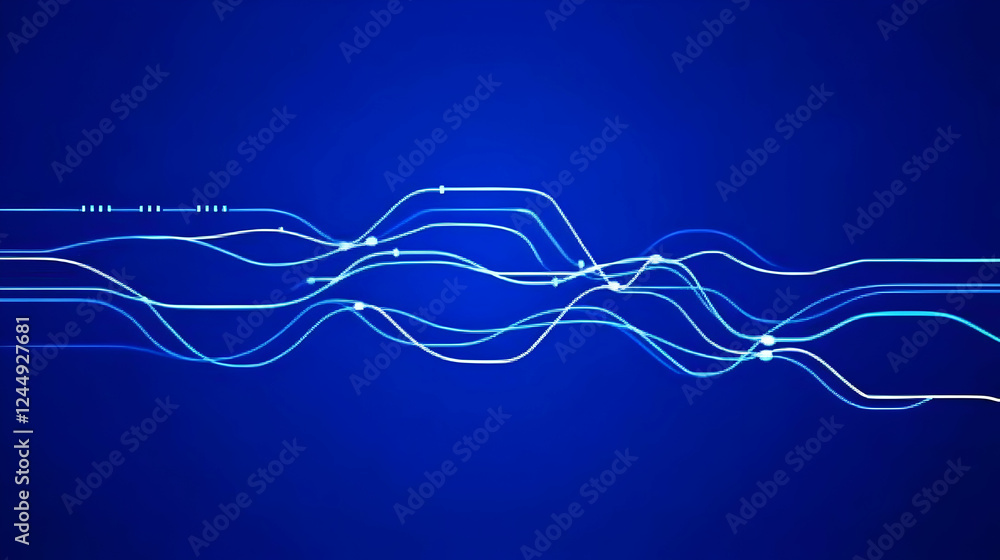 Poster abstract blue background with glowing lines and dots flowing smoothly
