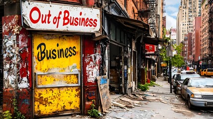 Exterior of a closed small business with a sign reading  Out of Business  in an urban downtown setting  The storefront is empty with boarded up windows and a shuttered facade