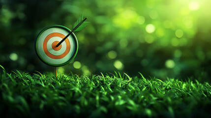 Small target shooting range with arrow in the center, green and orange, surrounded by nature