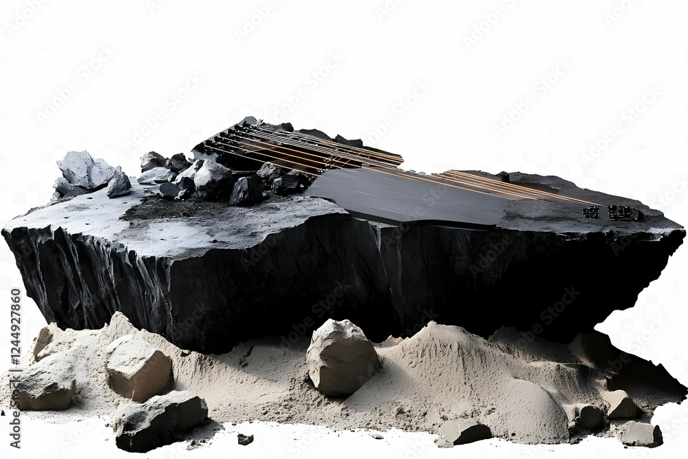 Poster 3d render of abstract black rock island with glowing lines on sand dune with rocks