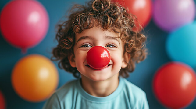 Happy boy with curly hair, wearing a big red clown nose, blurred balloons in the background