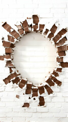 Circular Hole in White Brick Wall Reveals Brown Bricks Underneath, Creating a Unique Design Element.