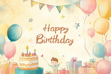Happy Birthday Boy Celebrates With Cake Balloons and Gifts