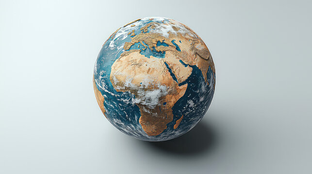 3D render of Earth showing continents, oceans, and clouds against a neutral background.