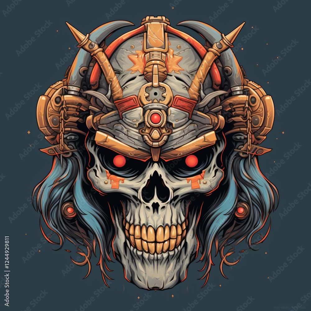 Poster detailed skull design with futuristic elements and contrasting color scheme on a dark background. ge
