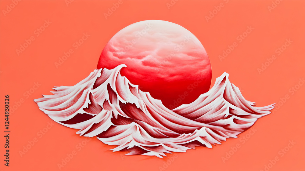 Poster abstract 3d white waves flow under a red and white circular shape on a coral background
