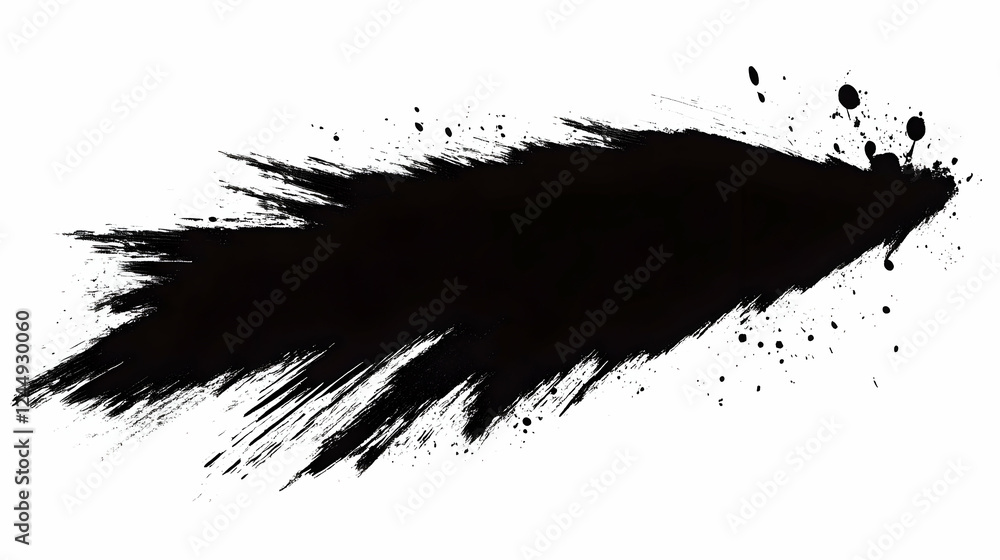 Poster black paint stroke splashes dynamically across a white canvas, creating an abstract design.
