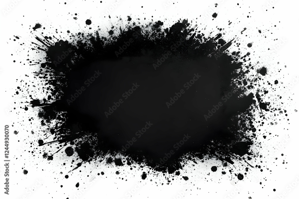 Poster black ink splatter explodes on white background creating abstract design