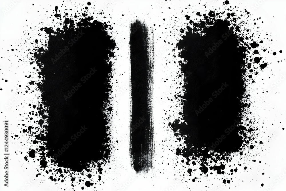 Poster black ink splatter and strokes create an abstract design on white background
