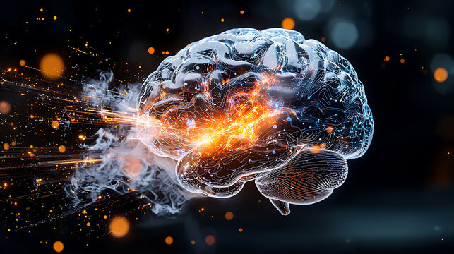 Explosive brain activity in modern science digital artwork futuristic environment close-up view neurological insights