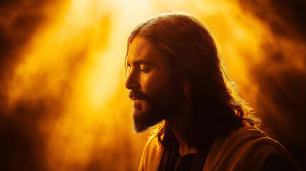 Dramatic artistic depiction of Jesus Christ in golden light, symbolizing spirituality, faith, resurrection, Easter, divinity, Christianity, hope, salvation, and religious devotion.