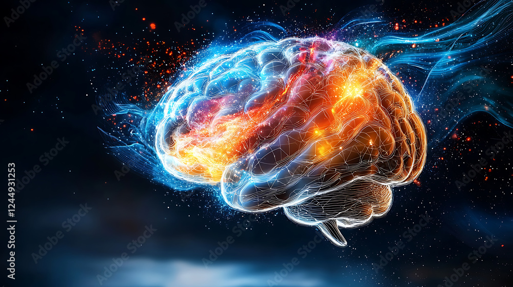 Poster exploring cognitive innovation a vibrant brain visualization digital art abstract environment futuri