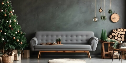 Christmas Interior Design Showcases a Cozy Living Room Decorated with Festive Ornaments and a Gray Sofa.