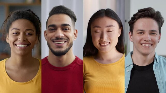 Four multiracial friends with varied backgrounds are smiling and interacting in a cozy indoor setting, showcasing joy and connection.