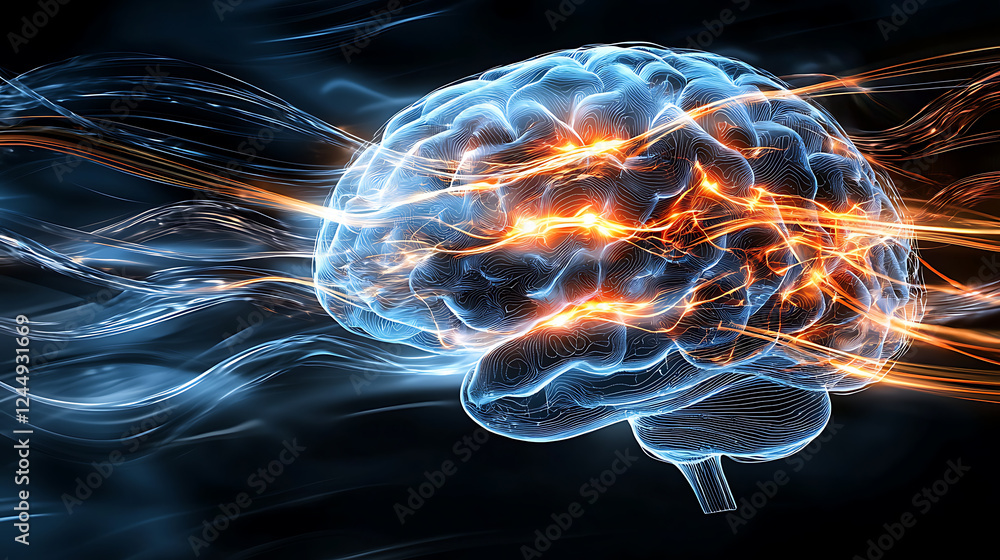 Poster neural activity visualization digital space graphic illustration abstract environment side view brai