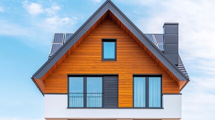 Modern Wooden House with Solar Panels on Roof