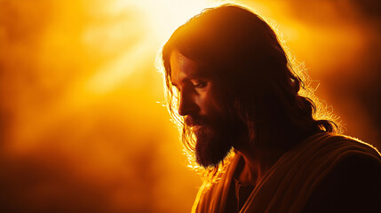 Dramatic artistic depiction of Jesus Christ in golden light, symbolizing spirituality, faith, resurrection, Easter, divinity, Christianity, hope, salvation, and religious devotion.