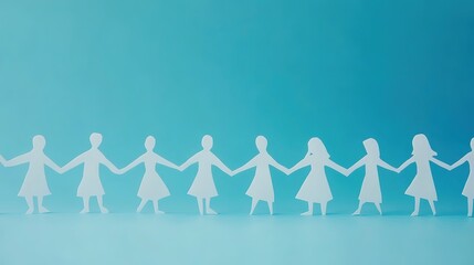 Row of Paper People Holding Hands on Blue Background. Emphasizing Unity and Connection in a Harmonious Setting
