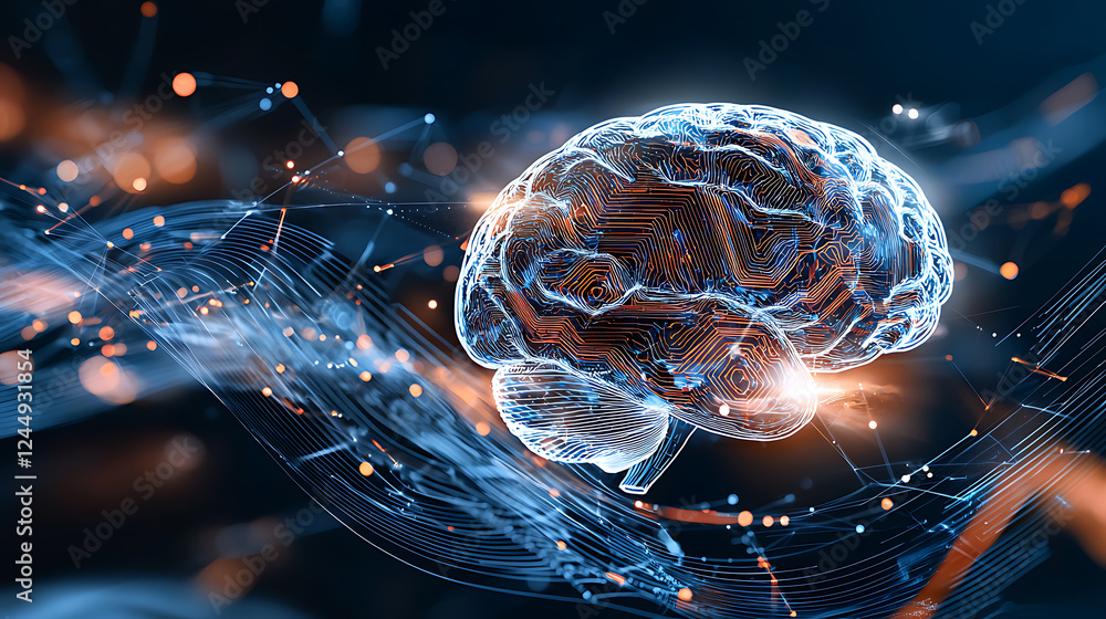 Poster exploring neural connections brain activity visualization digital realm scientific illustration futu