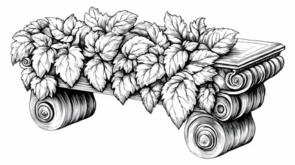 Vintage Illustration: Lush Foliage Adorns an Ornate Architectural Pedestal with Scroll Details