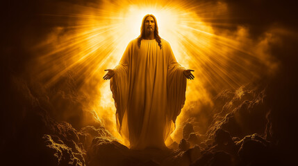 Jesus Christ with arms raised in golden light, symbolizing resurrection, spirituality, Easter, divine love, Christianity, faith, salvation, religious devotion, hope, and enlightenment.