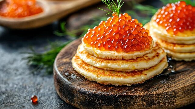 Gourmet blinis with red caviar: a gastronomic delight in motion