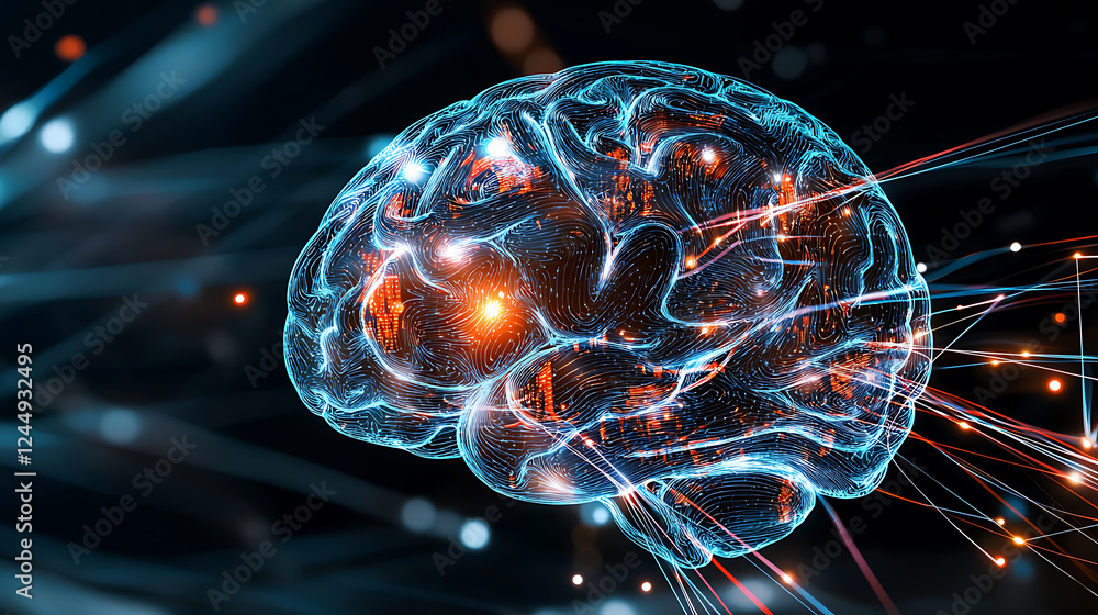 Poster exploring brain functionality neural connections digital landscape 3d visualization high-tech enviro
