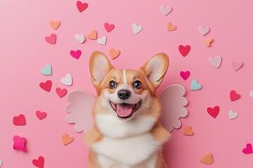 A smiling Pembroke Welsh Corgi with angel wings lying on a pink background, surrounded by scattered hearts. A playful and festive Valentine's Day concept.
