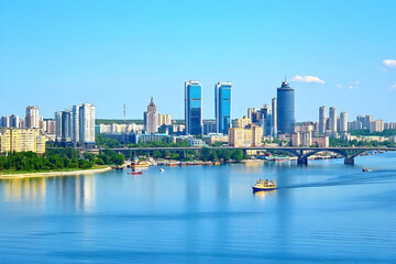 Obraz premium Modern Cityscape with River and Bridge under Blue Sky on a Sunny Day