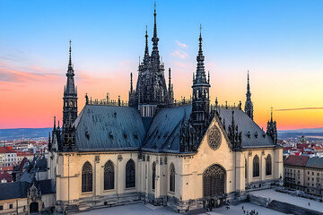 Majestic Cathedral Stands Tall at Sunset with Ornate Spires and a Colorful Sky Overlooking the Cityscape Beautifully