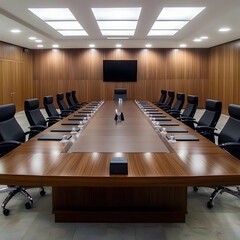Modern Conference Room with Large Table and Chairs Ready for a Meeting